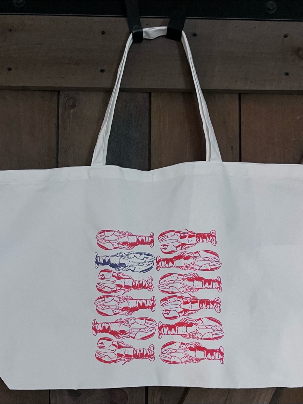X-Large White Canvas Tote Bag with Red & Blue Lobster Print